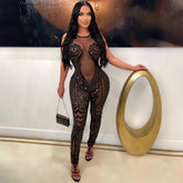 Sleeveless Round Neck See Through Jumpsuit Polyester Mesh Stitching Sequin Slim Fit Trousers